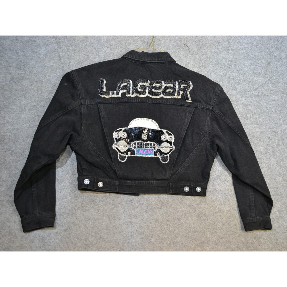 VTG LA Gear Jacket Womens S Black Cropped Denim Sequin Car 80s Beaded Hong Kong